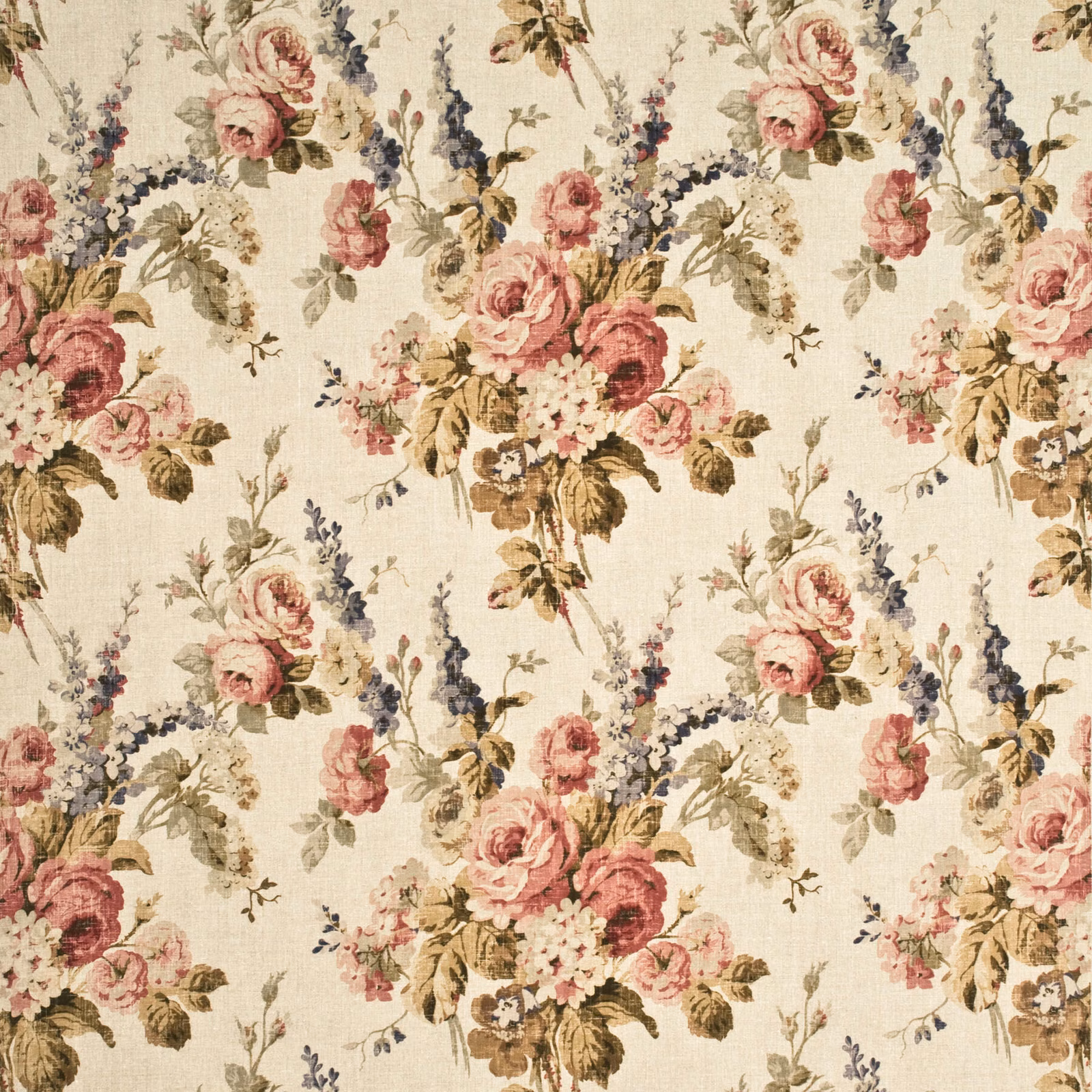 Antique cream linen with dusty rose bouquets, olive leaves and blue flower accents