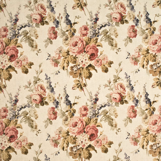 Antique cream linen with dusty rose bouquets, olive leaves and blue flower accents