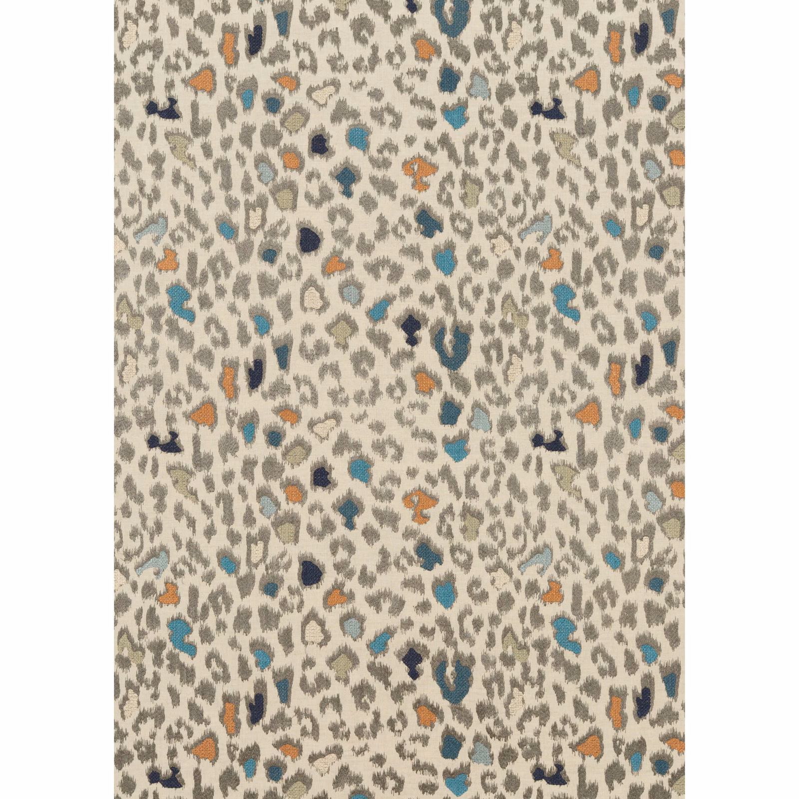 Cream fabric with grey animal markings and scattered teal, navy and orange shapes