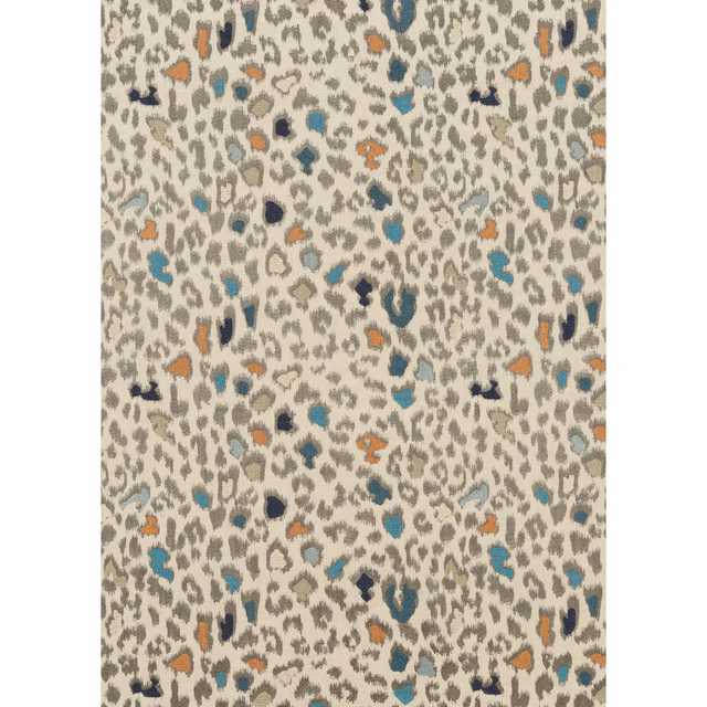 Cream fabric with grey animal markings and scattered teal, navy and orange shapes