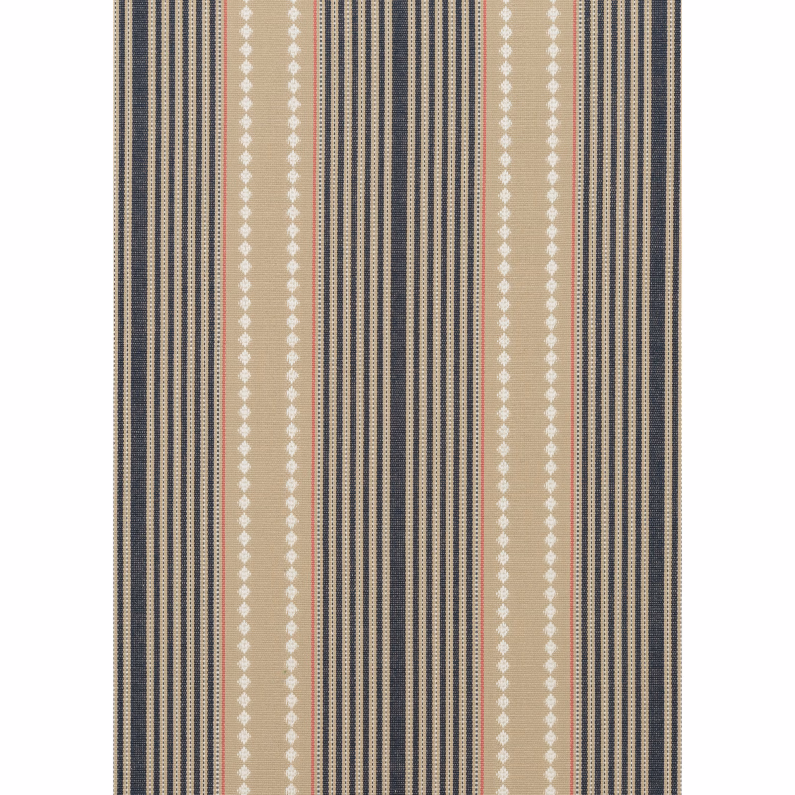 Indigo and linen vertical stripes with white diamond accents and fine red lines