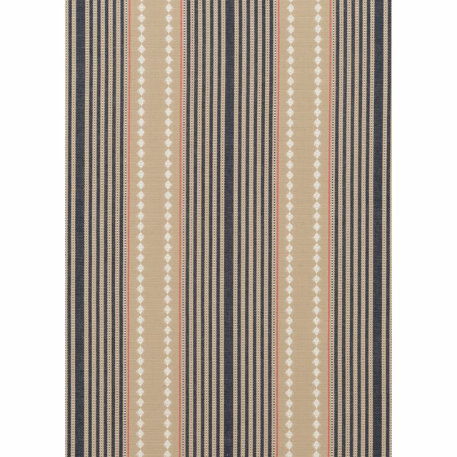 Indigo and linen vertical stripes with white diamond accents and fine red lines