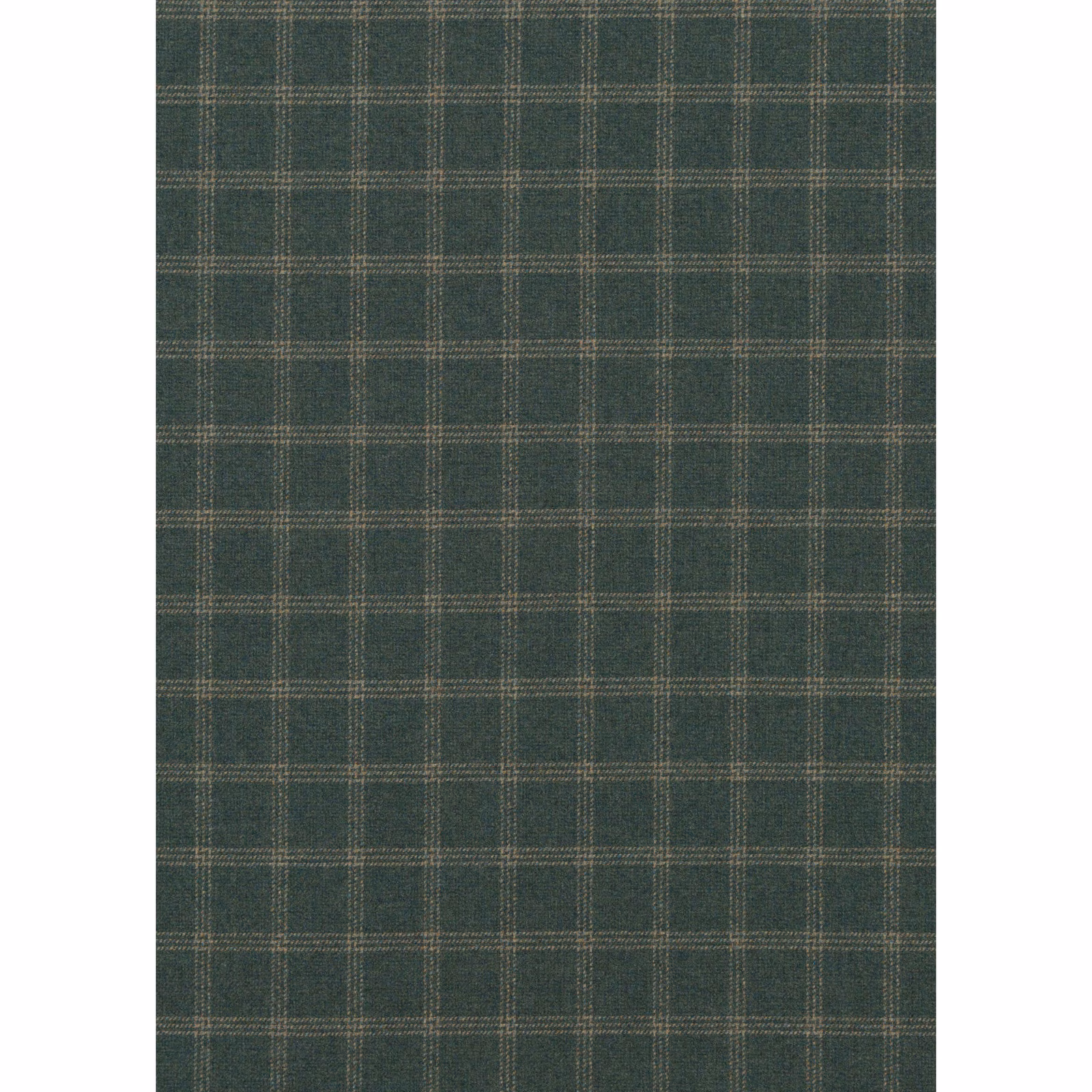Deep blue-green wool plaid with fine grey-beige lines and a compact woven texture