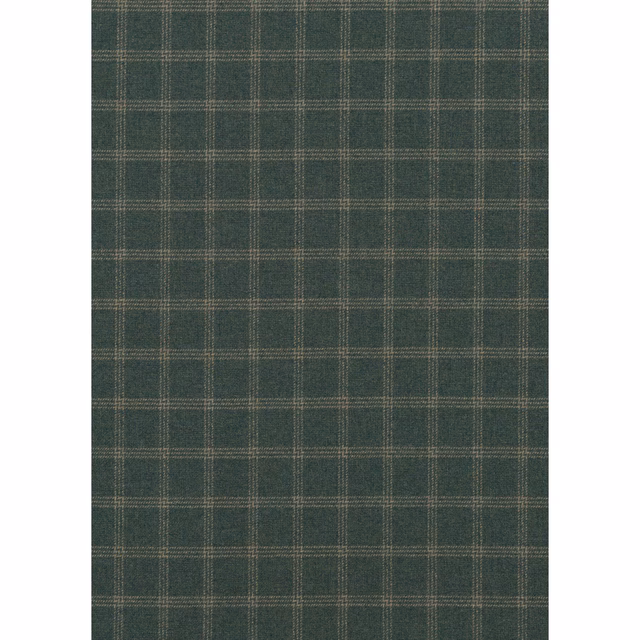Deep blue-green wool plaid with fine grey-beige lines and a compact woven texture