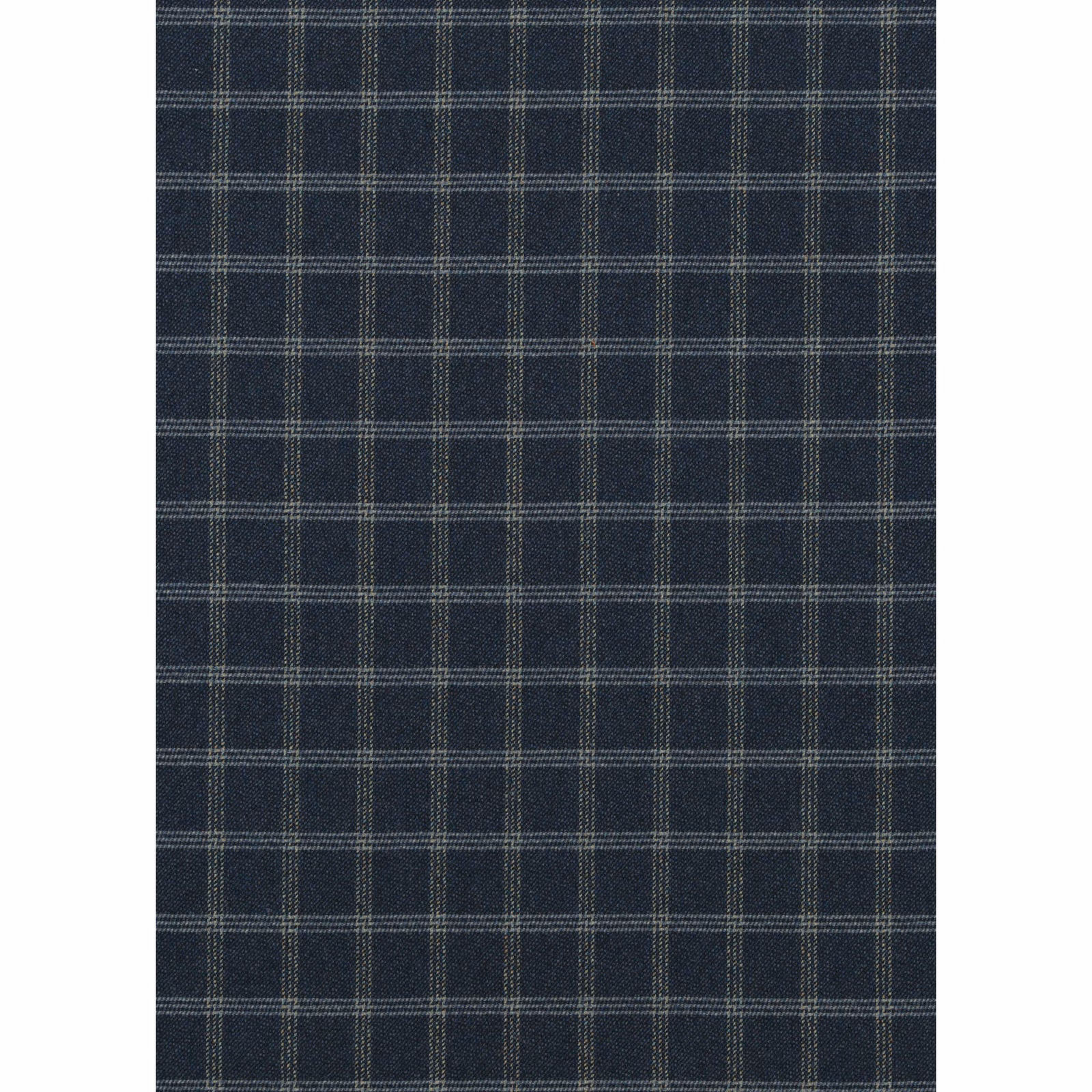 Dark indigo wool plaid with fine pale grey lines and a softly textured weave