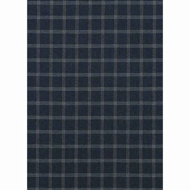 Dark indigo wool plaid with fine pale grey lines and a softly textured weave