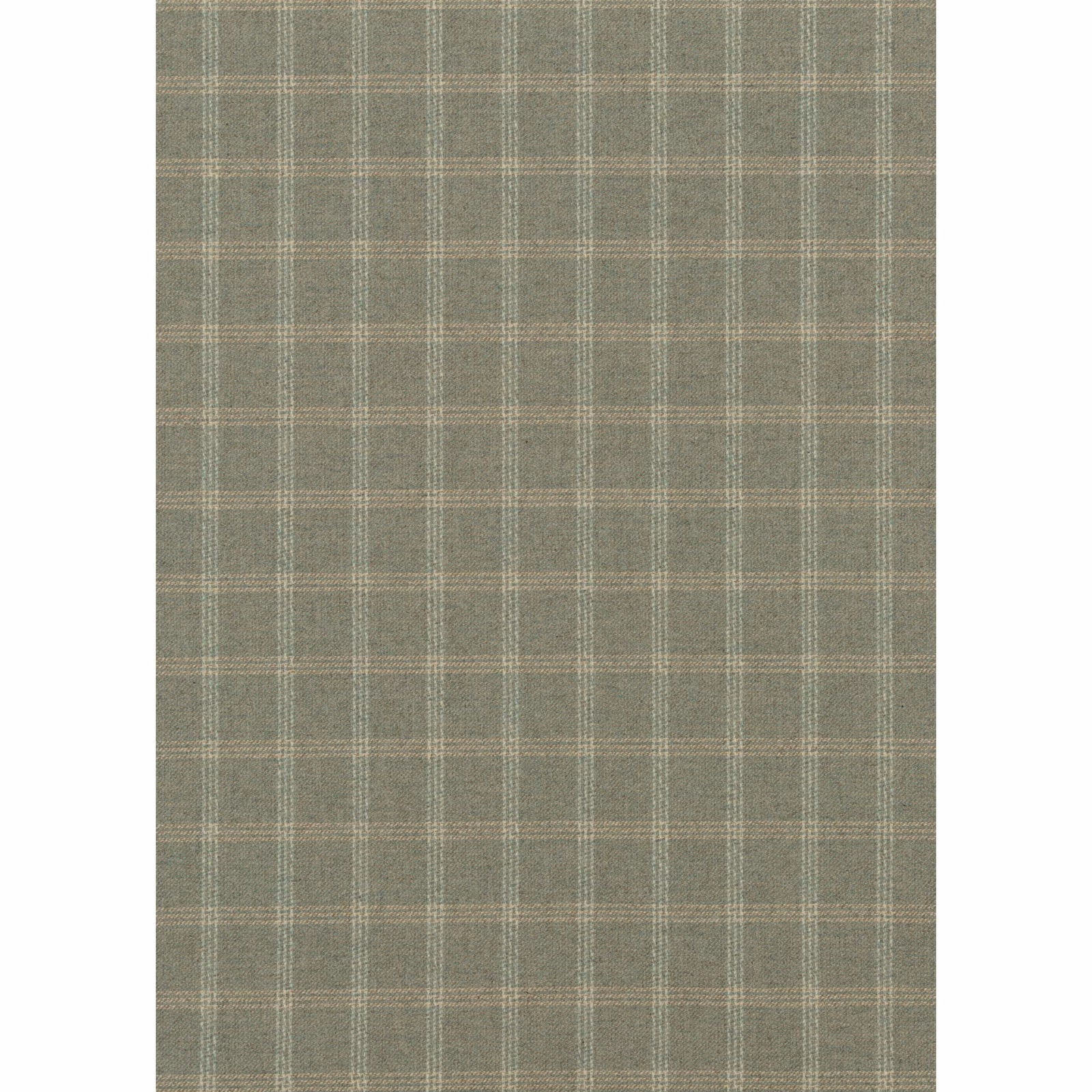 Muted lovat-green wool check with fine pale lines and softly textured weave