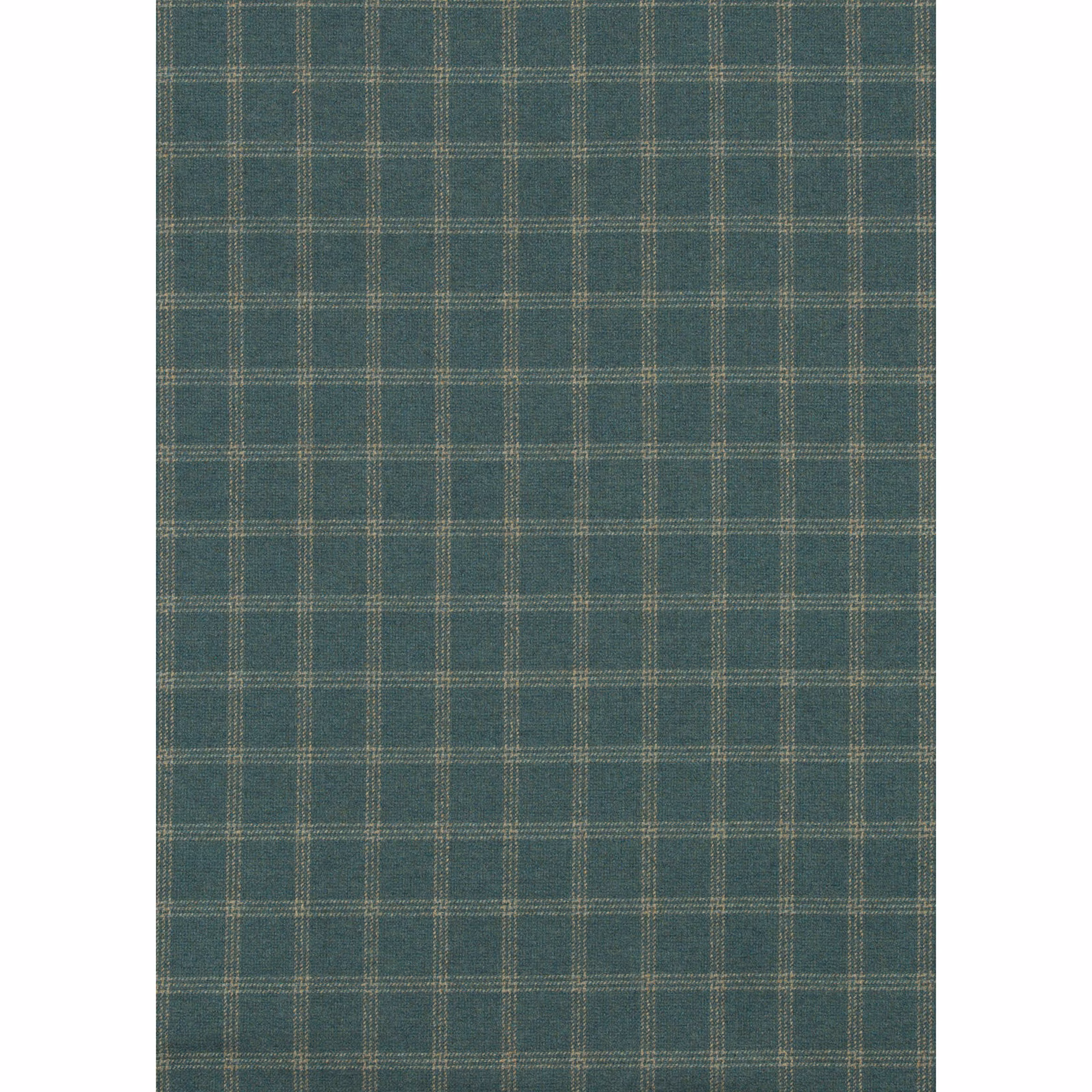 Deep teal wool with fine taupe-grey windowpane checks and a softly textured weave