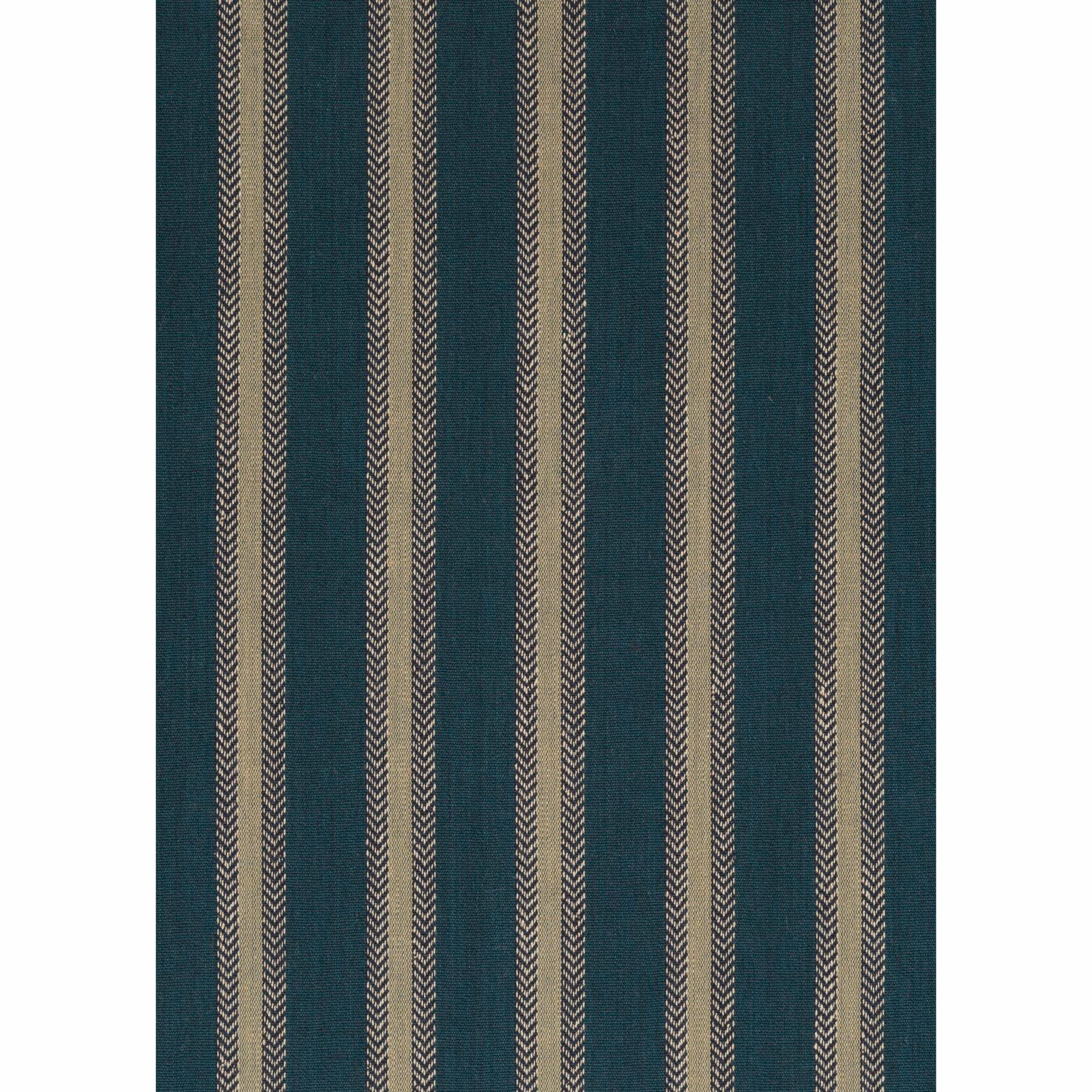 Deep teal woven ground with slim beige herringbone stripes and fine vertical lines