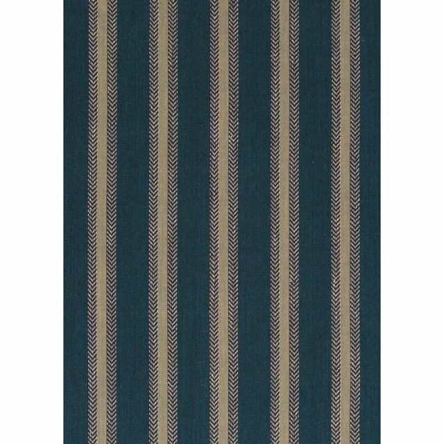 Deep teal woven ground with slim beige herringbone stripes and fine vertical lines
