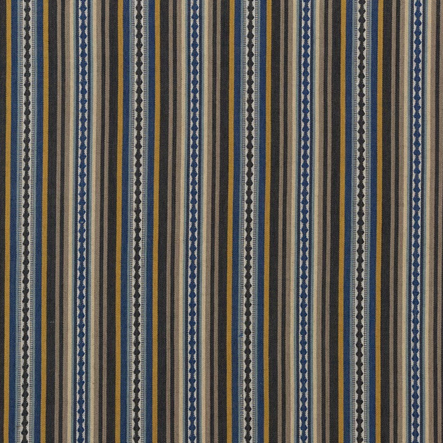 Indigo and ochre vertical stripe fabric with tactile jute slub texture