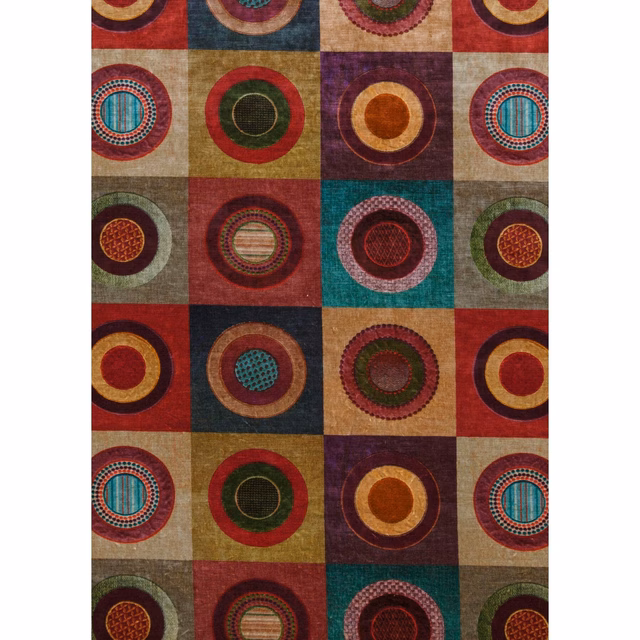 Red and plum velvet with concentric teal, ochre and olive circles in a checked layout