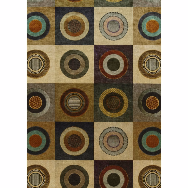Muted sage velvet with tiled concentric circles in charcoal, ochre, cream and rust