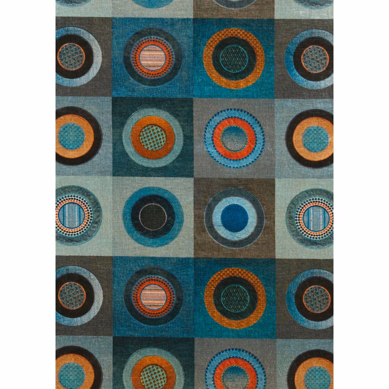 Deep teal velvet with concentric rust, orange and cream circles in a checked grid