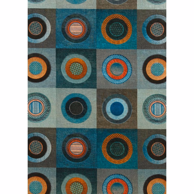 Deep teal velvet with concentric rust, orange and cream circles in a checked grid
