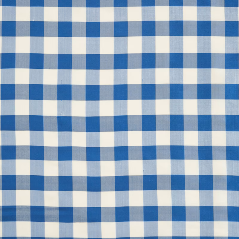 Mid-blue and ivory gingham checks with a fine, lightly lustrous silk weave