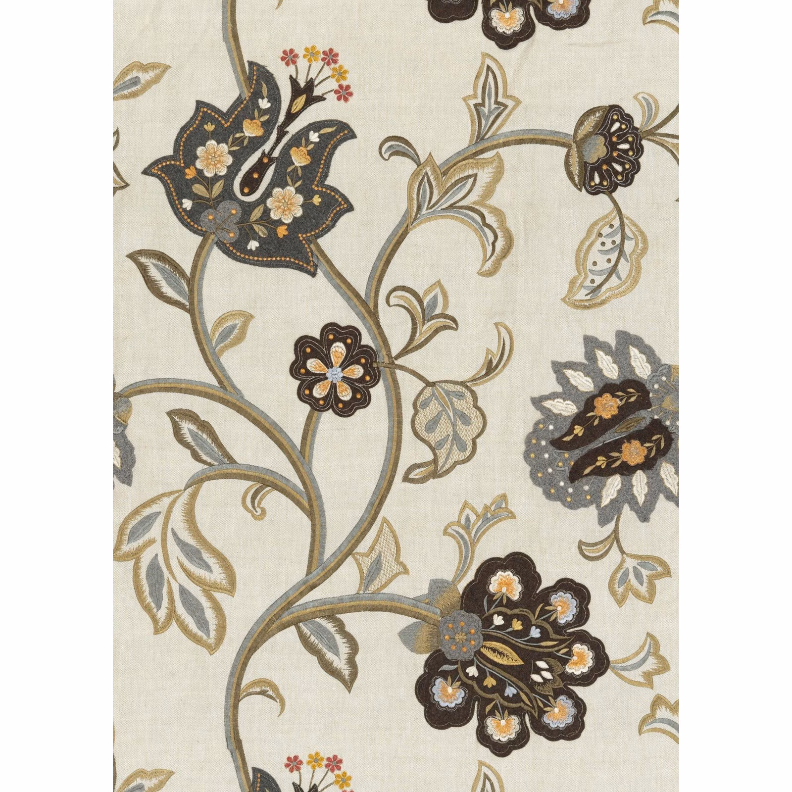 Pale woodsmoke curtain fabric with charcoal floral bouquets and scrolling olive stems