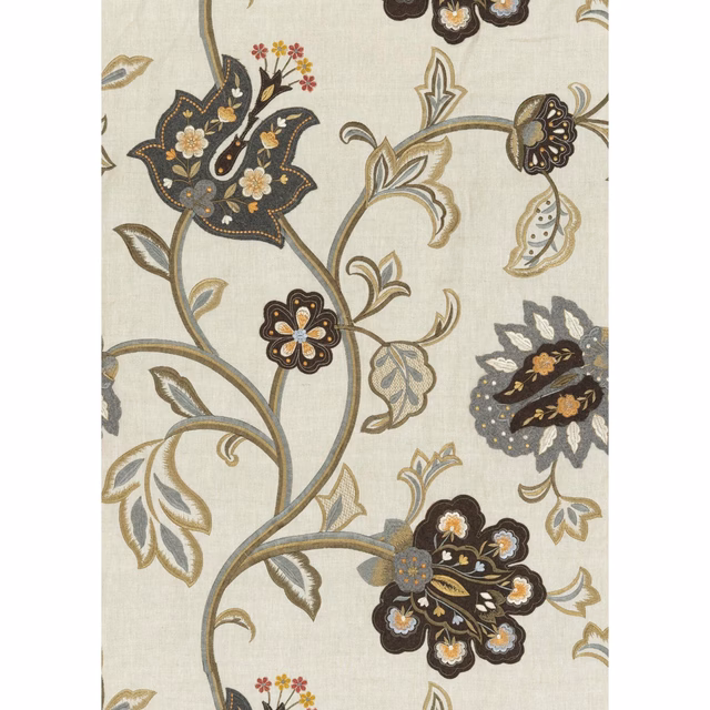 Pale woodsmoke curtain fabric with charcoal floral bouquets and scrolling olive stems
