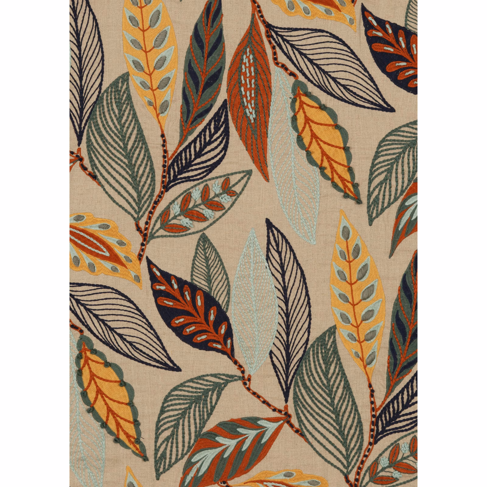 Indigo and teal botanical leaves with rust and ochre accents on natural linen