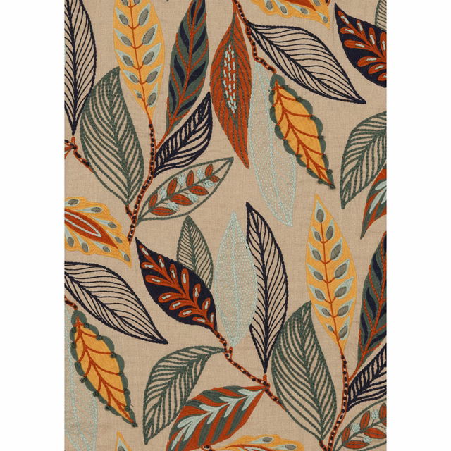 Indigo and teal botanical leaves with rust and ochre accents on natural linen