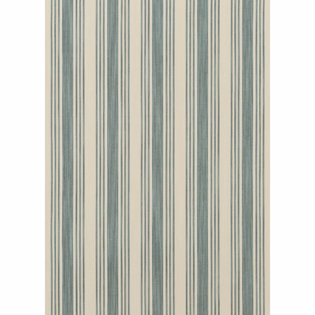 Muted teal and ivory vertical woven stripes with fine irregular lines