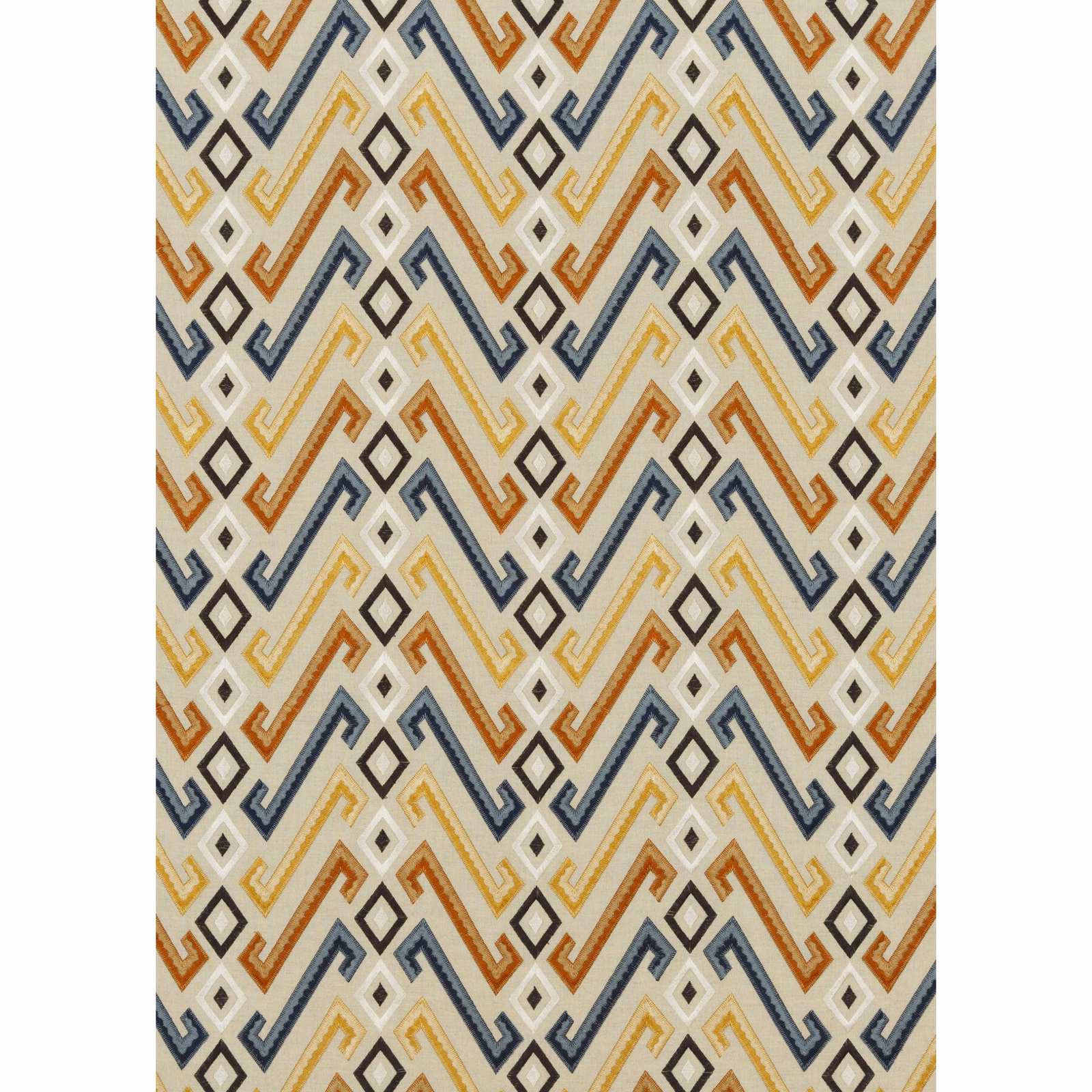 Indigo, spice and ochre zigzag diamonds woven across a cream ground