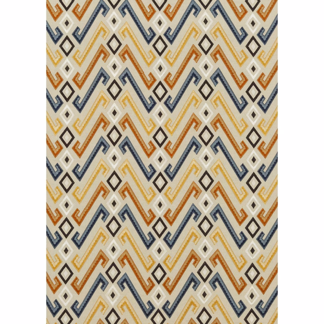 Indigo, spice and ochre zigzag diamonds woven across a cream ground