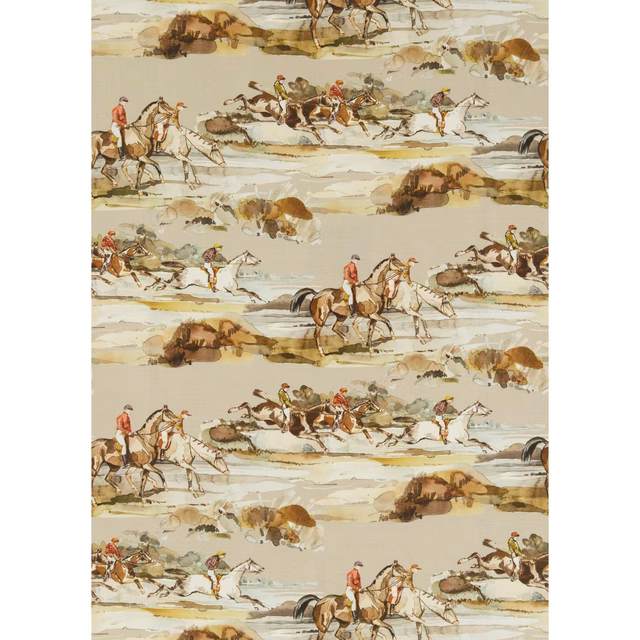 Linen-grey and sand equestrian fabric with repeated galloping riders and painterly landscape bands
