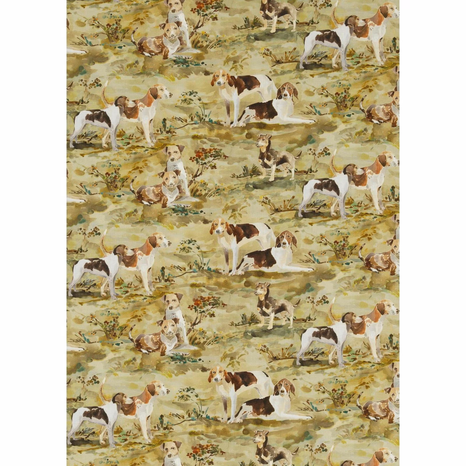 Muted olive linen with brown-and-white hounds across a painterly meadow scene
