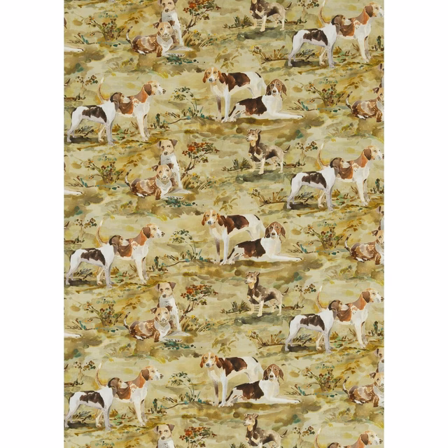 Muted olive linen with brown-and-white hounds across a painterly meadow scene