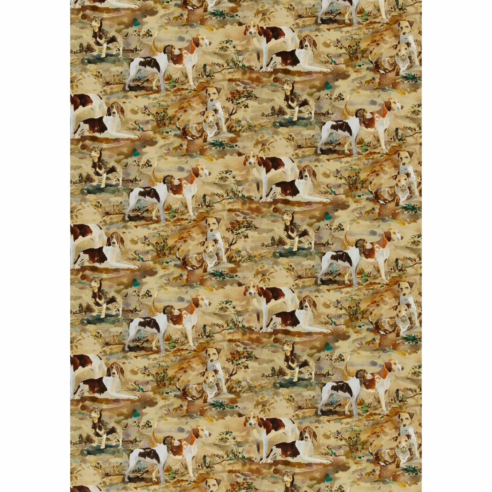 Warm parchment velvet with repeating brown and white hounds, olive foliage and russet earthy markings