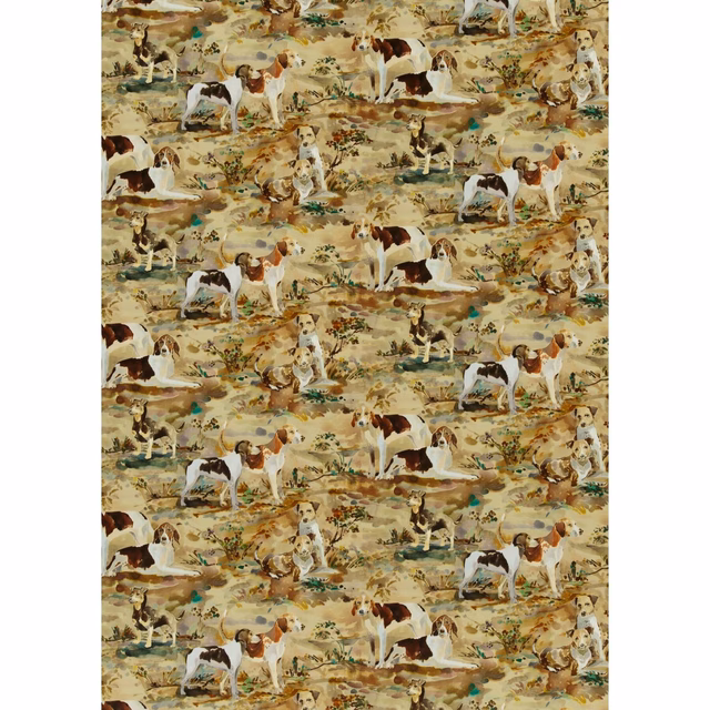 Warm parchment velvet with repeating brown and white hounds, olive foliage and russet earthy markings