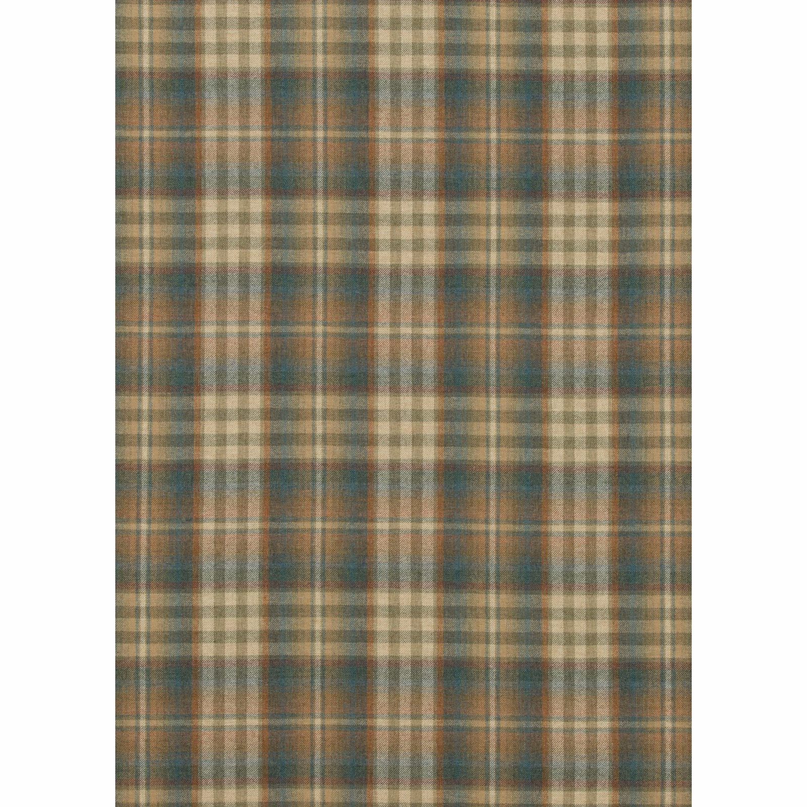 Muted teal and russet wool plaid with softened beige windowpane checks