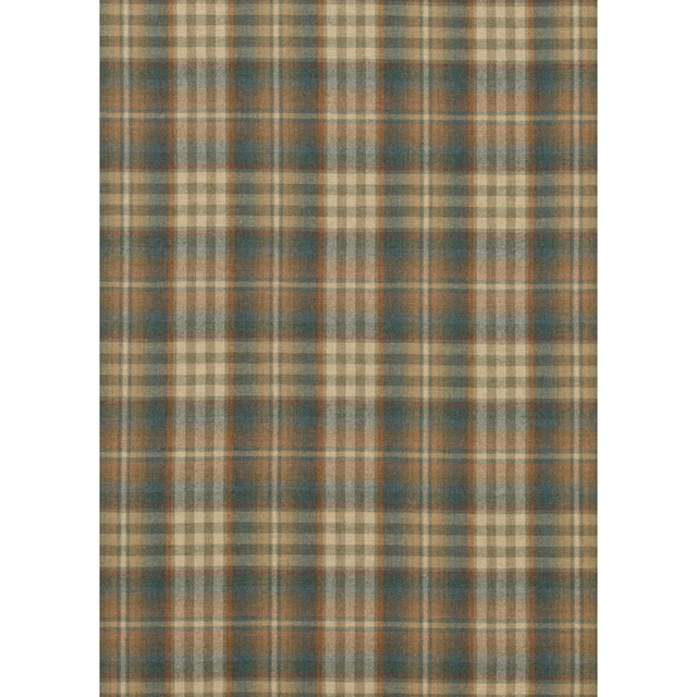 Muted teal and russet wool plaid with softened beige windowpane checks