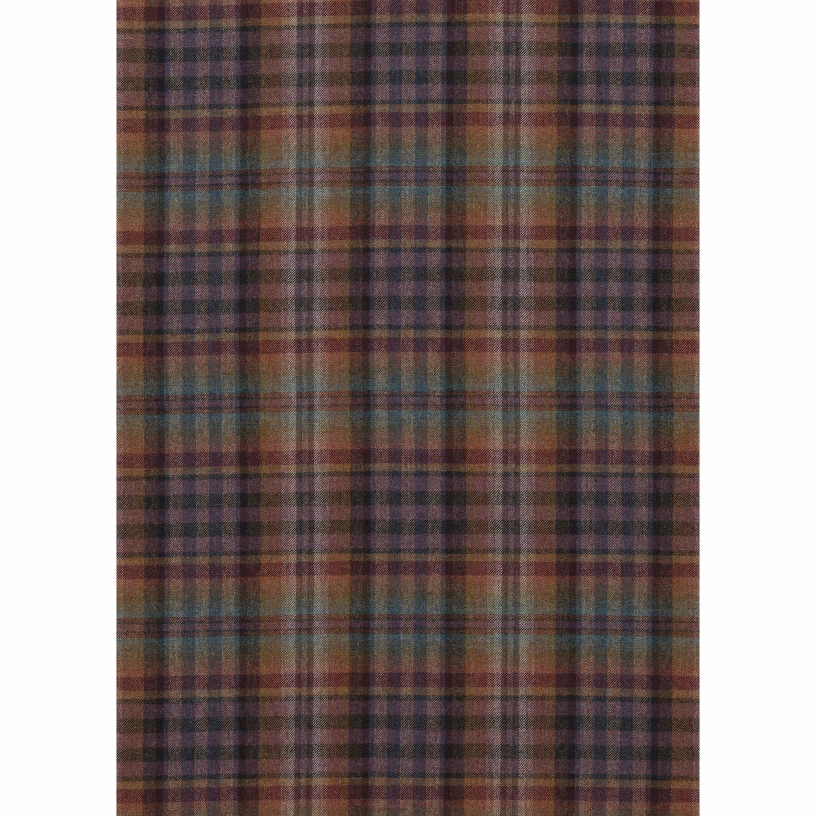 Muted teal, sienna and mauve wool plaid with a softly textured woven surface
