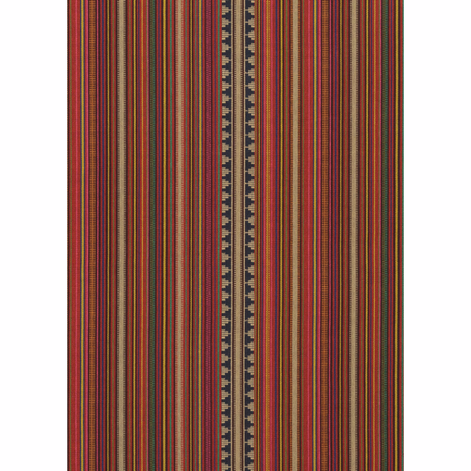 Burgundy, olive and mustard vertical stripes with a central geometric border