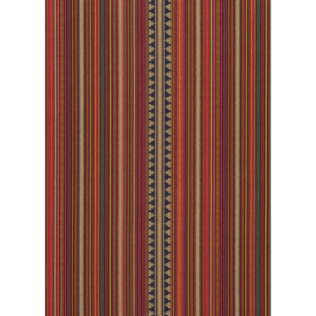Burgundy, olive and mustard vertical stripes with a central geometric border