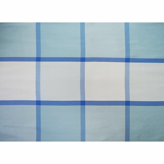 Pale aqua silk with translucent royal-blue windowpane check and subtle sheen