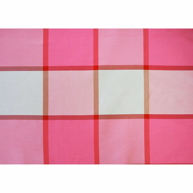 Blush and fuchsia silk check with red bands and pale blue-grey squares
