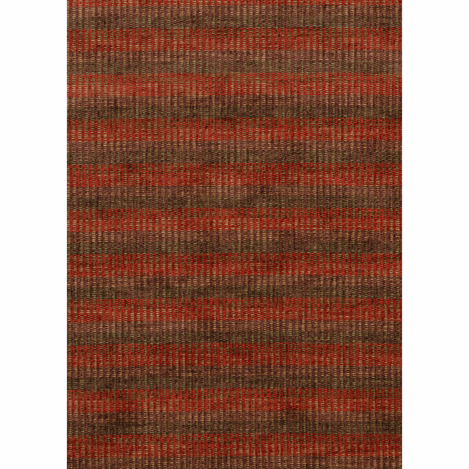 Muted red and olive-green chenille with fine ribbed bands and brown depth
