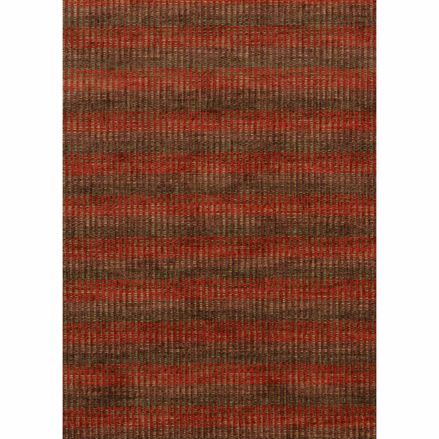Muted red and olive-green chenille with fine ribbed bands and brown depth