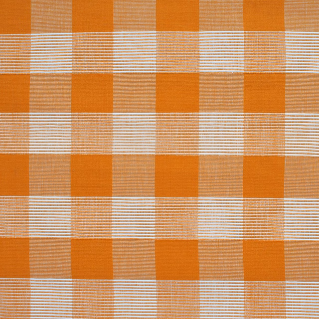 Warm orange and tan plaid cotton with fine white horizontal stripe bands