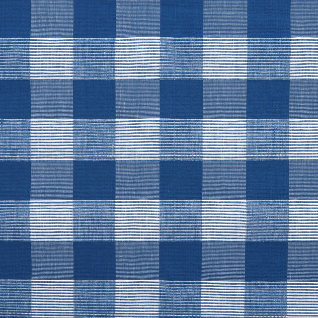 Slate and navy blue cotton check with white horizontal stripe bands