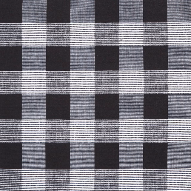Ebony black and charcoal checked cotton with fine white horizontal stripes