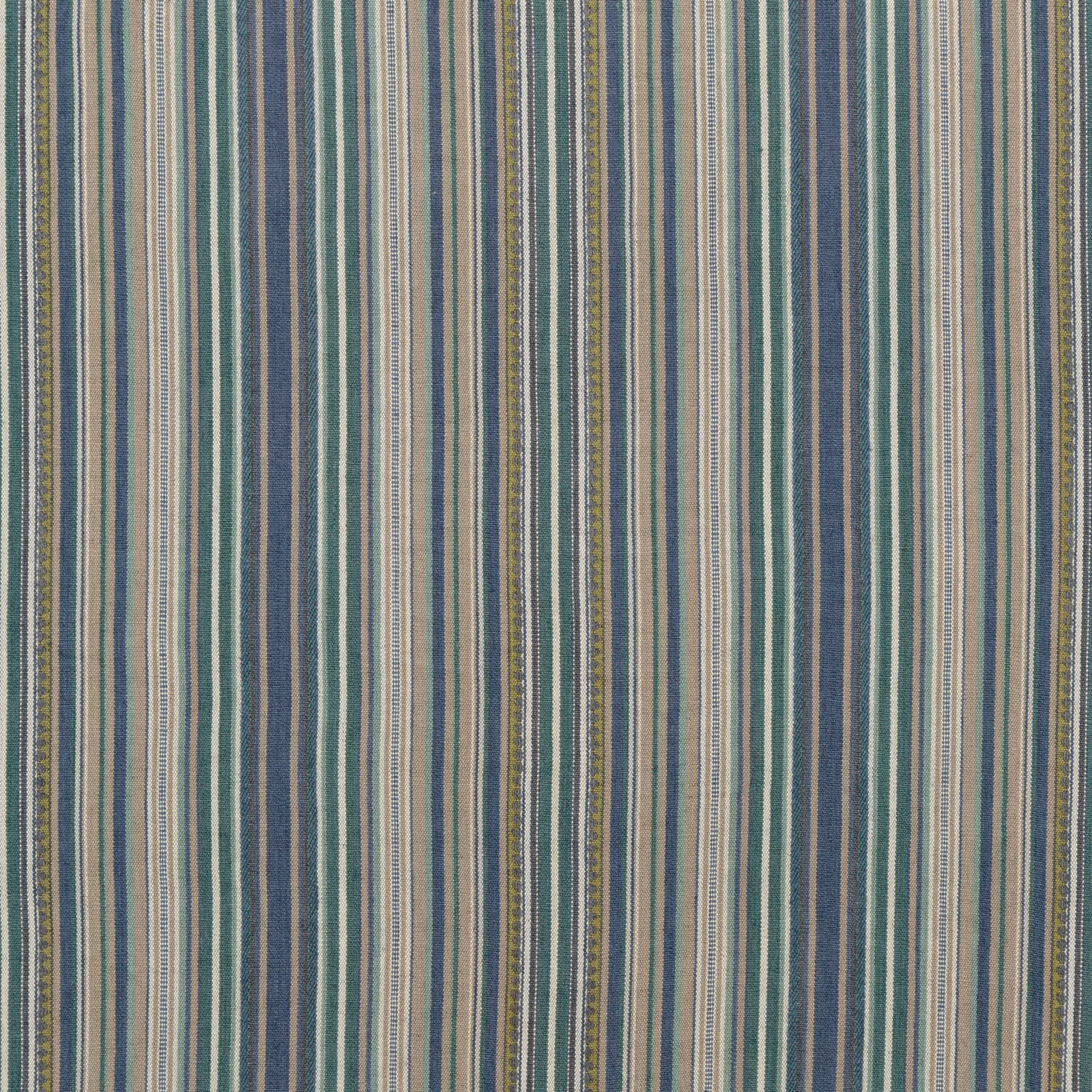 Teal and indigo vertical stripe fabric with fine woven texture and muted cream accents