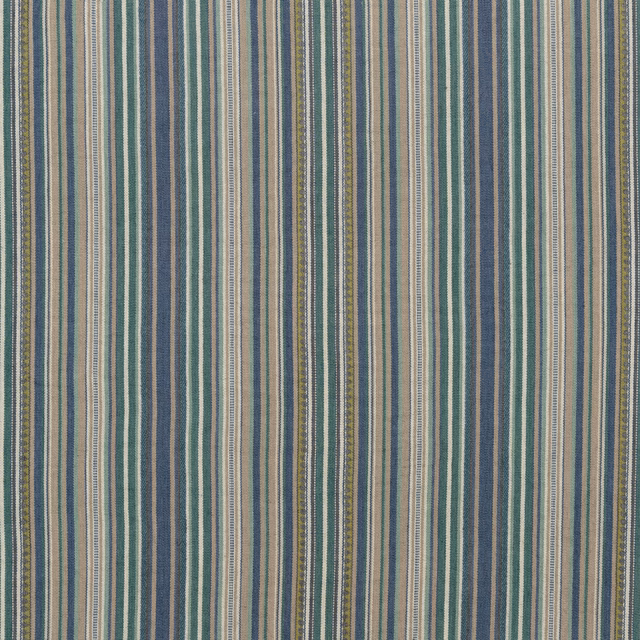 Teal and indigo vertical stripe fabric with fine woven texture and muted cream accents