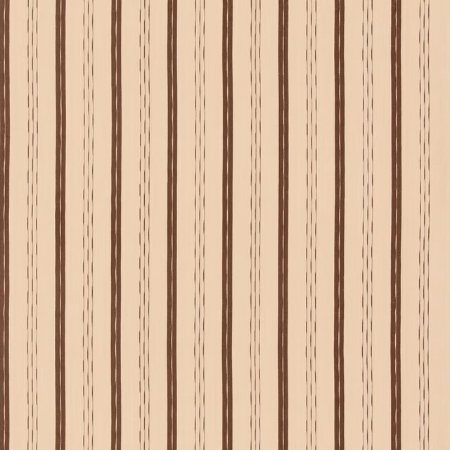 Warm cream woven fabric with espresso-brown vertical stripes and fine dashed lines