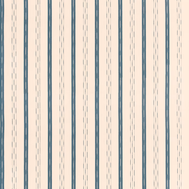 Cool teal vertical stripes and fine dashed lines on a warm cream ground