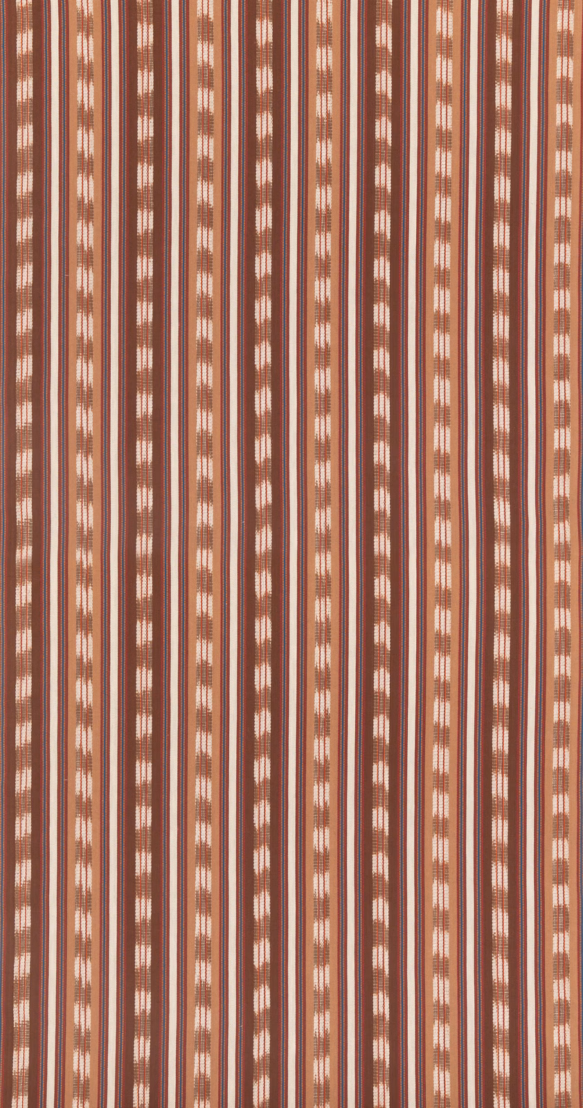 Warm espresso cotton stripe with cream broken-dash details and woven texture