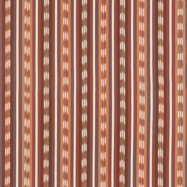 Warm espresso cotton stripe with cream broken-dash details and woven texture